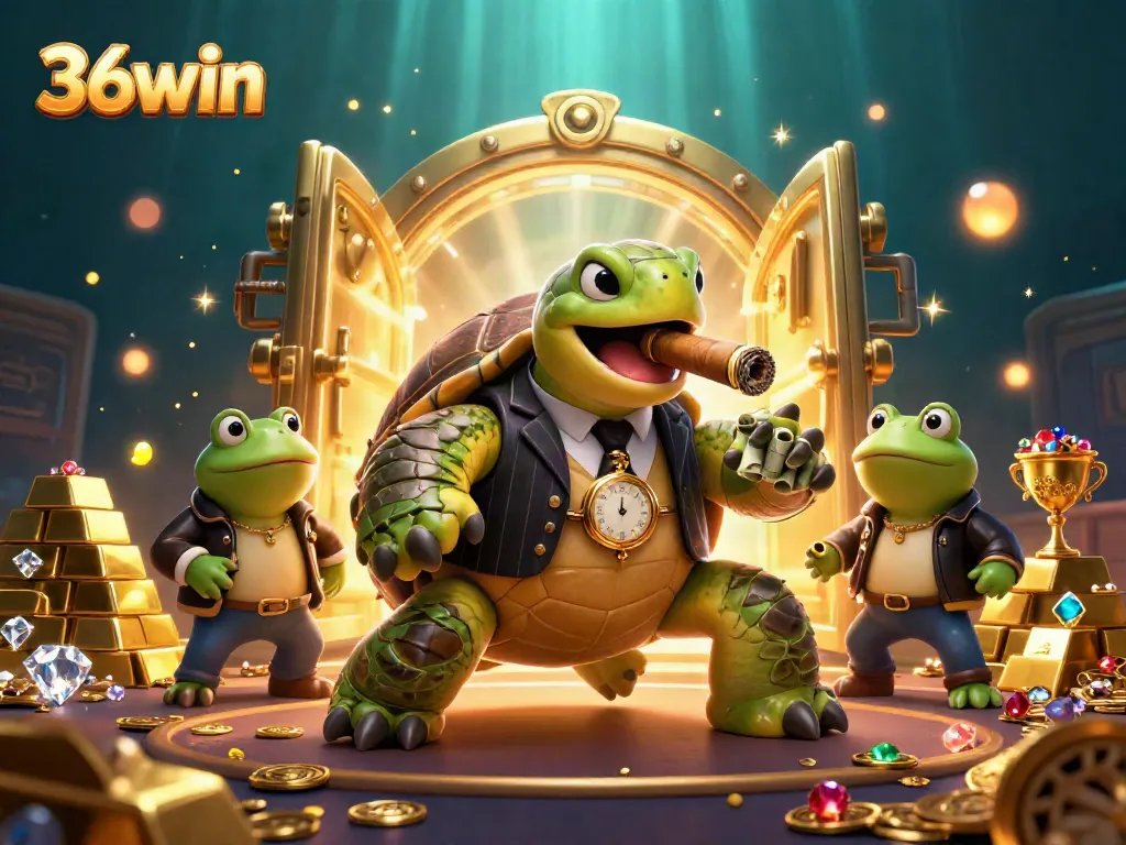 A massive snapping turtle in a mobster suit flaunts riches at 36win's casino, illustrated in vibrant 3D style.