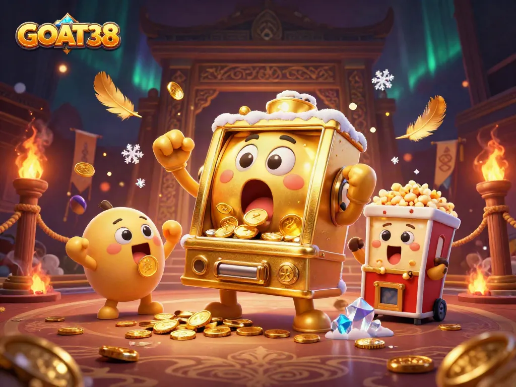GOAT38 slot machine hits jackpot as coins pour out, surrounded by cheering smaller machines.