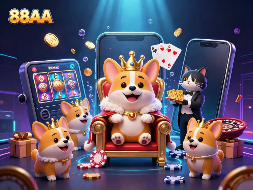 Experience 88AA with an ultra-detailed 3D rendering of a royal corgi and gaming elements in a vibrant casino scene.