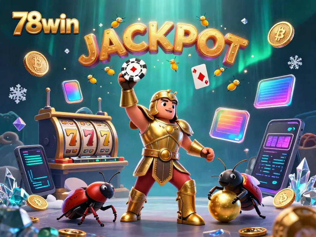 Experience the excitement of 78win with a victorious beetle character amidst casino elements and crypto coins.