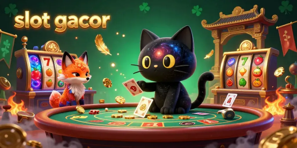 Engage in exciting slot gacor action at a vibrant cosmic casino table with dynamic characters.