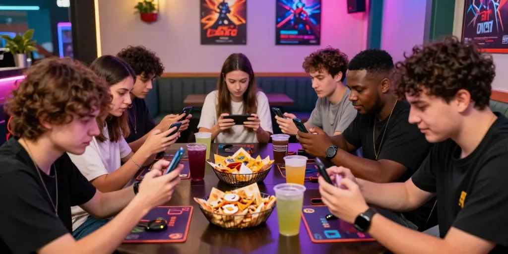 Group of friends enjoying 3 Patti No1 mobile game in a vibrant gaming atmosphere.