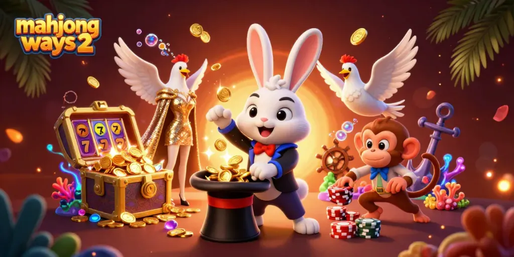 Experience the magic of Mahjong Ways 2 with a fun illustration of a rabbit magician amidst slot reels and treasure.