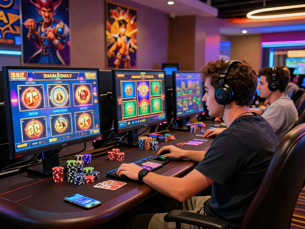 Player enjoying slot gacor games at a modern gaming setup with vibrant graphics and colorful atmosphere