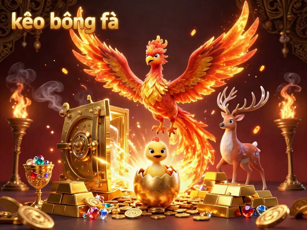 Dynamic illustration showcasing kèo bóng đá with a golden phoenix and treasure elements in a sports-themed setting.
