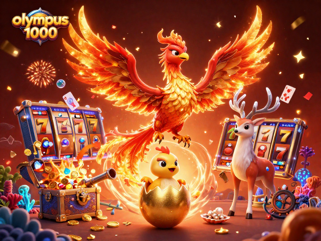 Memenangkan jackpot di olympus 1000 dengan simbol slot dan karakter epik dalam ilustrasi 3D yang menarik.