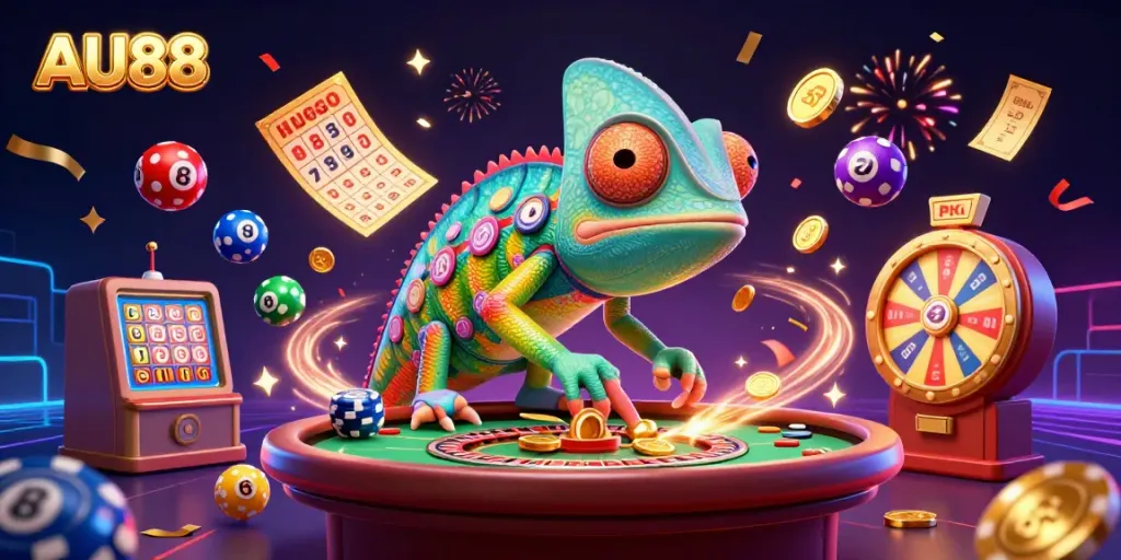 Experience the thrill of AU88 casino with a dynamic, colorful 3D scene featuring vibrant elements and a chameleon owner.