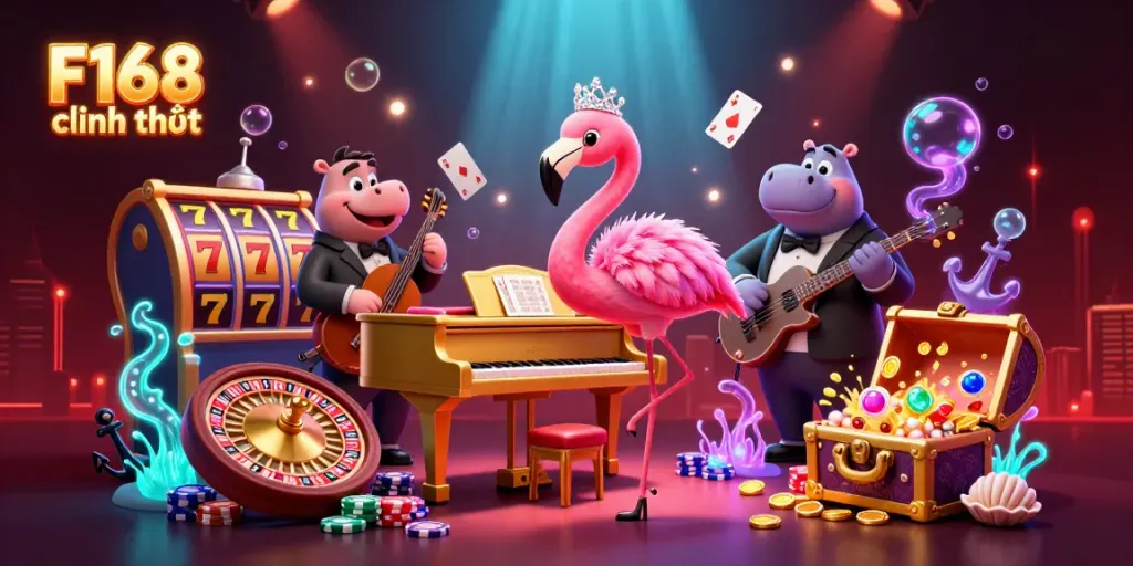 Experience F168 chính thức with an engaging casino-themed illustration showcasing vibrant characters and gaming elements.