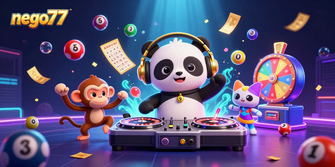 Experience thrilling gaming action at nego77 with vibrant scenes of a DJ panda and dynamic gambling elements.