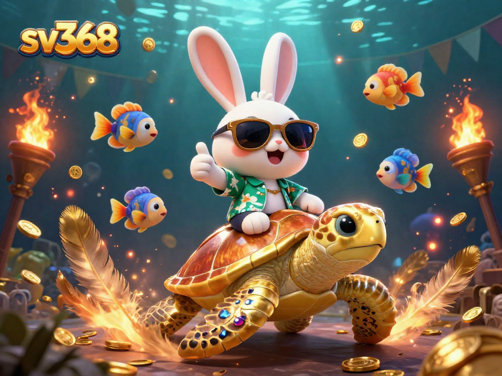 Play thrilling games like sv368 with a lucky rabbit and golden turtle in a vibrant casino scene.