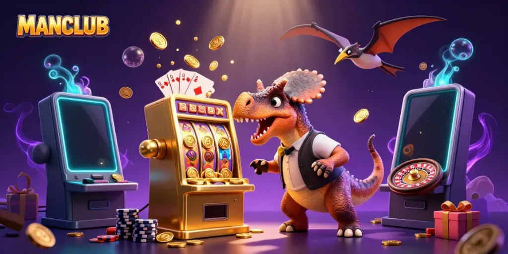 Engaging scene of MANCLUB with a dinosaur celebrating jackpot wins at a casino with dynamic gaming elements.
