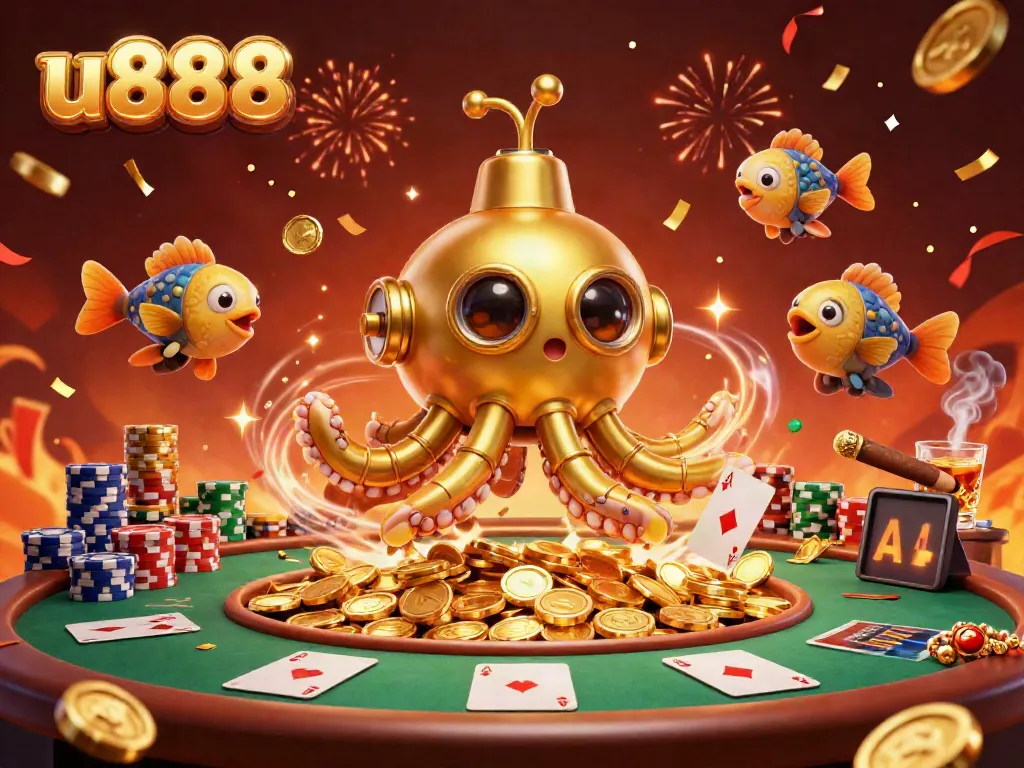 Experience thrilling gameplay at u888 with the golden kraken submarine amidst confetti and poker excitement.