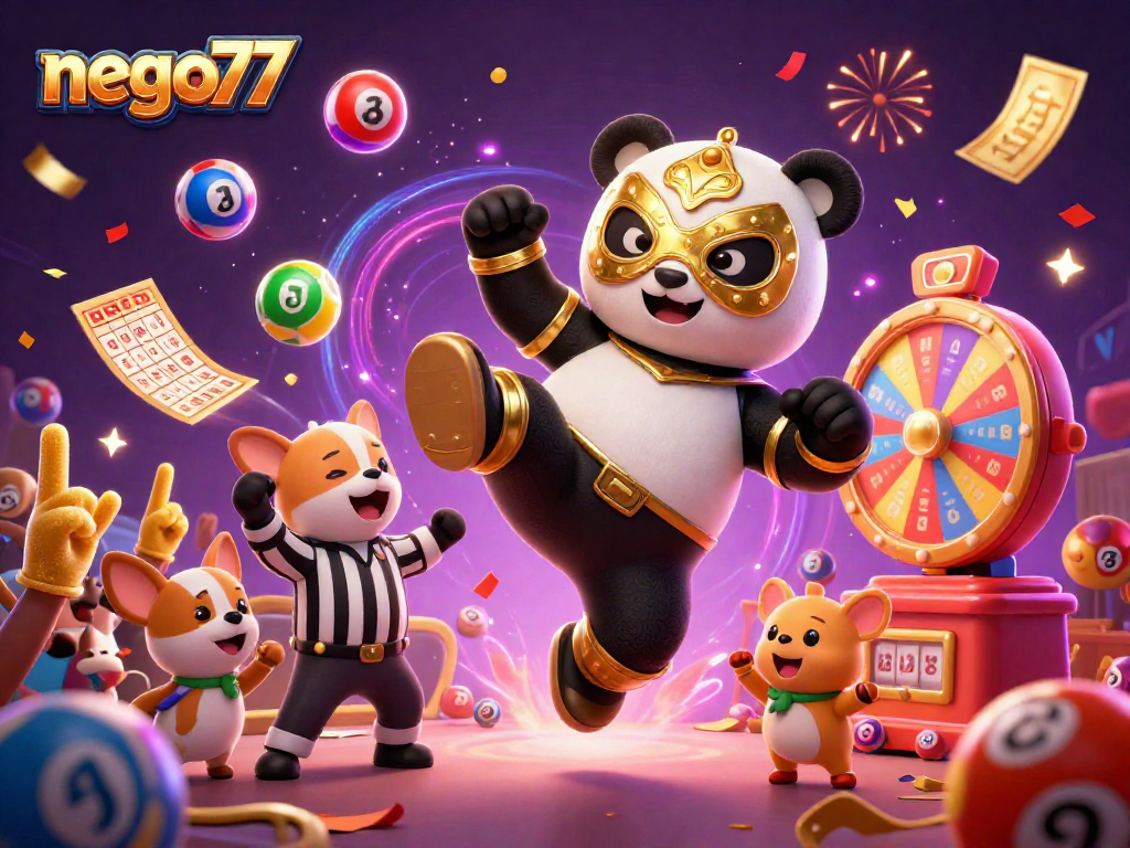 Engage with the lively scene of nego77, showcasing a wrestling panda amid dynamic casino elements.