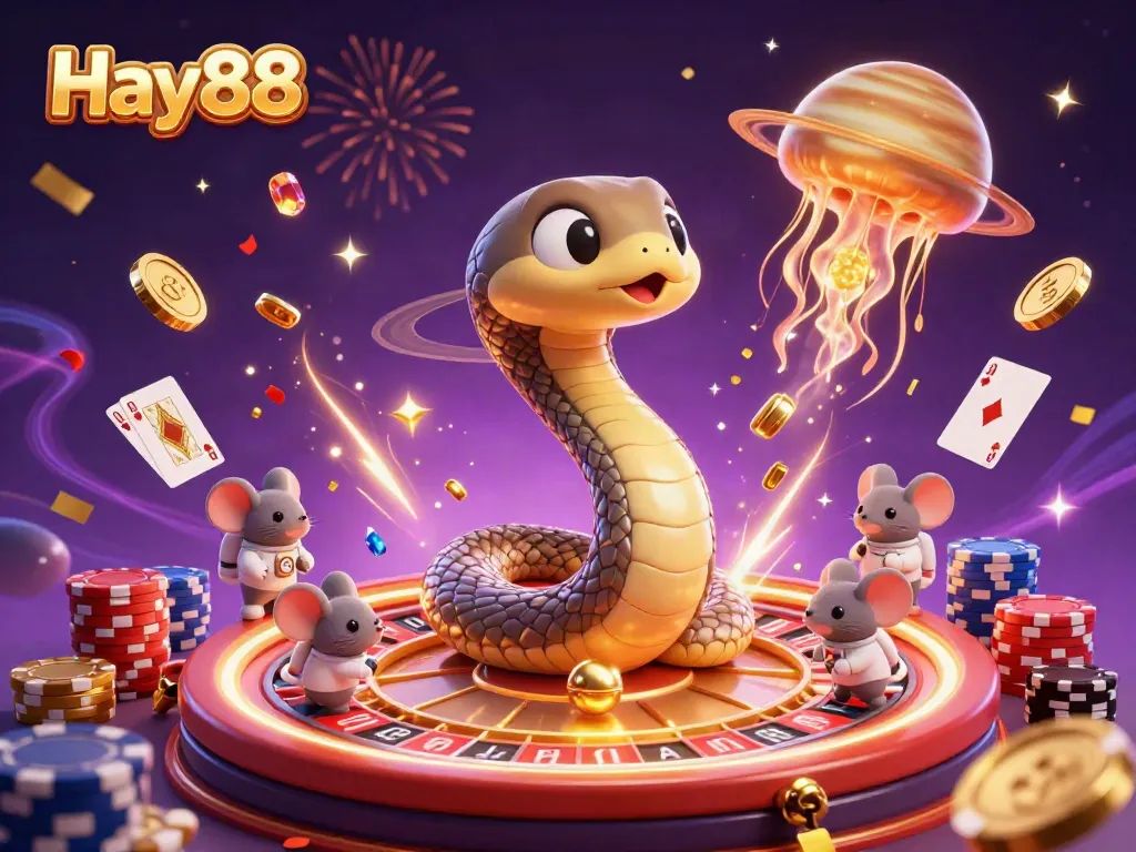 Engaging Hay88 themed 3D casino scene with a Saturn ring snake, astronaut mice betting, and sparkling gems.