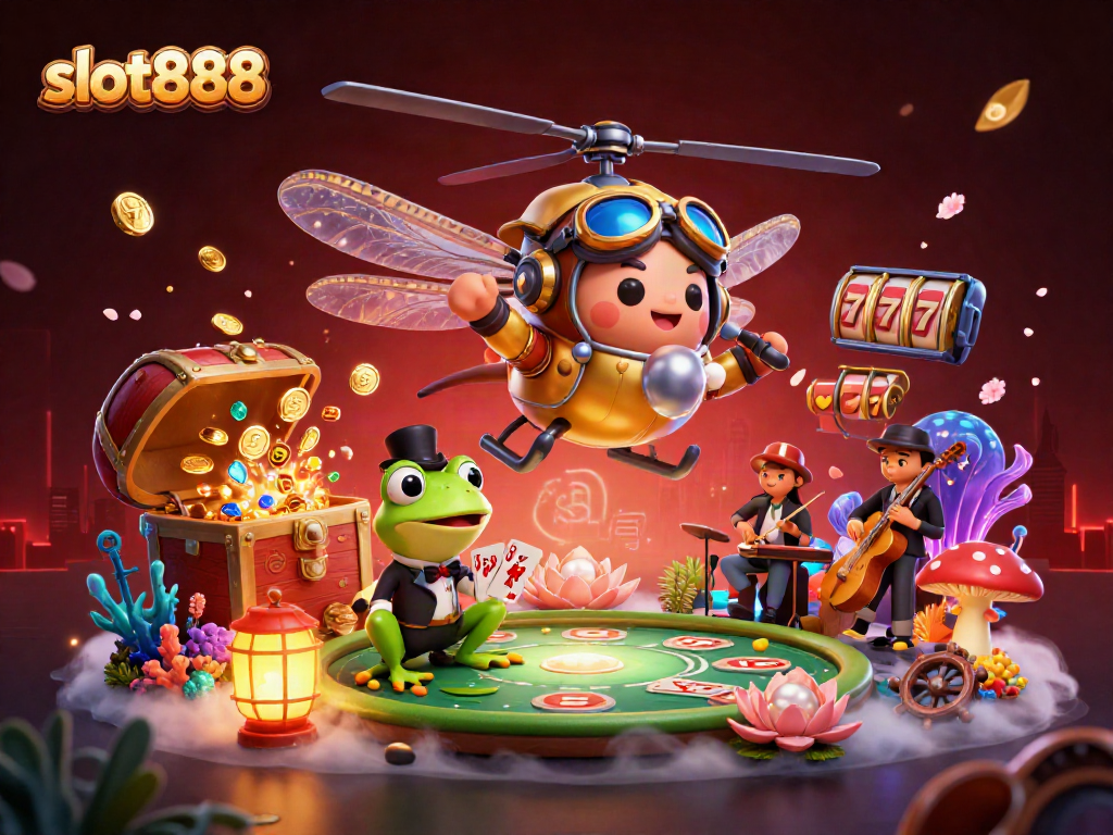 Engage with slot888 in a vibrant, dynamic casino scene with a dragonfly pilot and frog croupier.