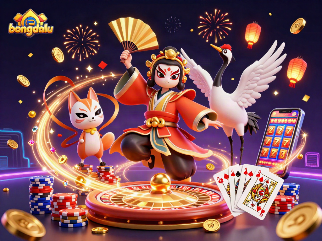 Bongdalu brings excitement to gambling with vibrant 3D illustration of kabuki warrior, winning slots, and roulette action
