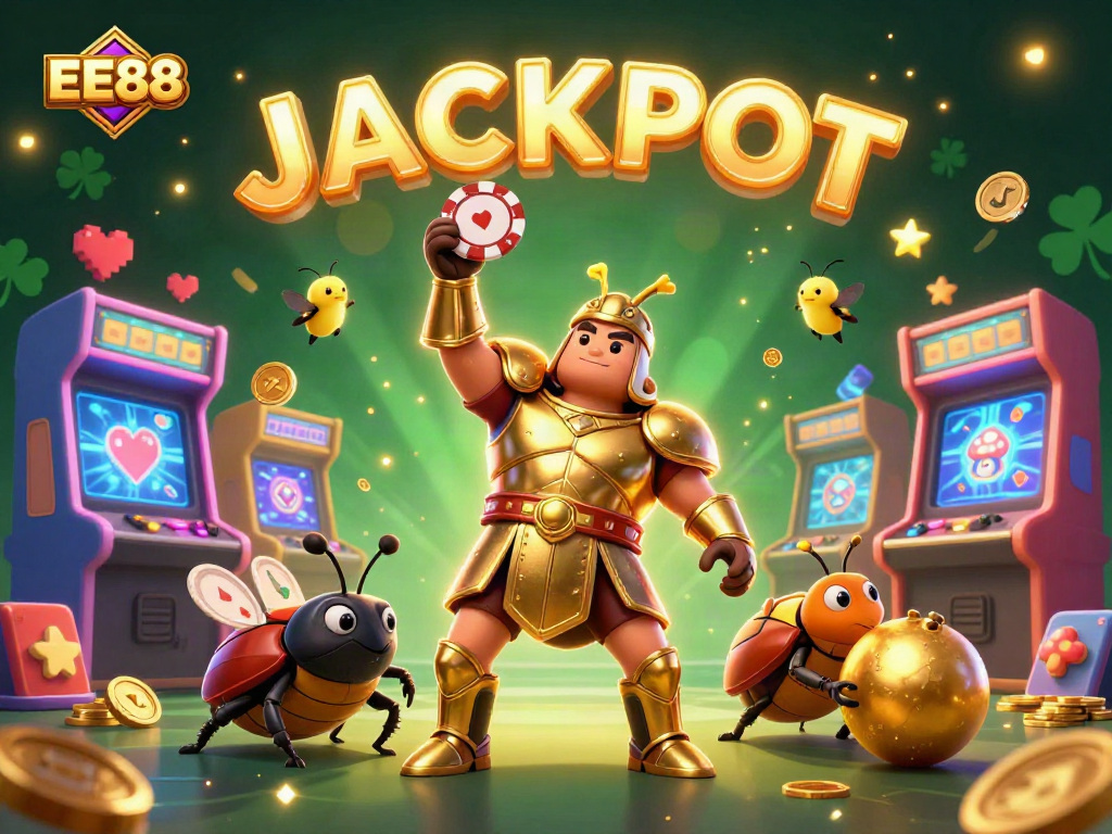 Experience the thrill of EE88 as a victorious beetle celebrates a jackpot win amidst casino elements.