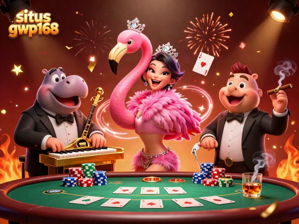 Visualisasi situs gwp168 yang menampilkan penyanyi flamingo dan musisi hippo di kasino yang meriah.