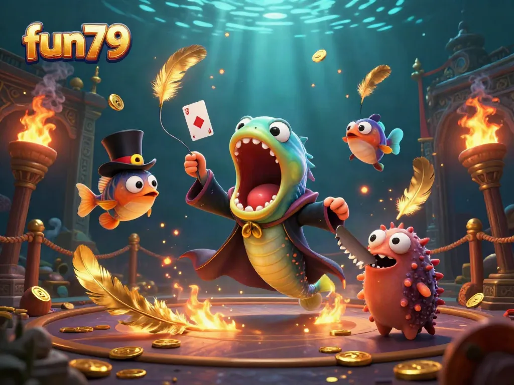 Experience fun79 with a magical underwater casino scene featuring enchanting sea creatures performing card tricks and surrounded by vibrant gaming elements.