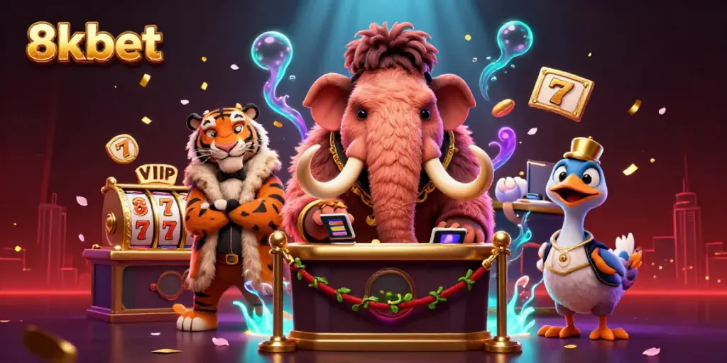 Experience the vibrant world of 8kbet with a lively casino scene featuring exciting characters and slot machines.