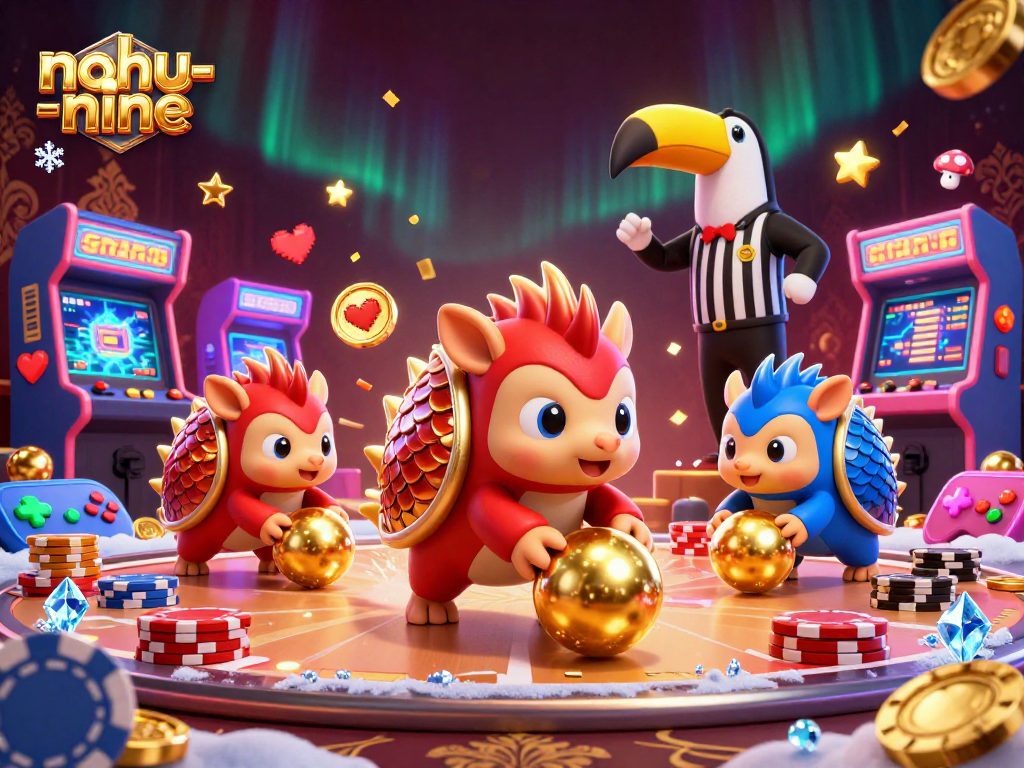 Engage in the nohu-nine action as rival pangolins roll into coins amid colorful game machines.