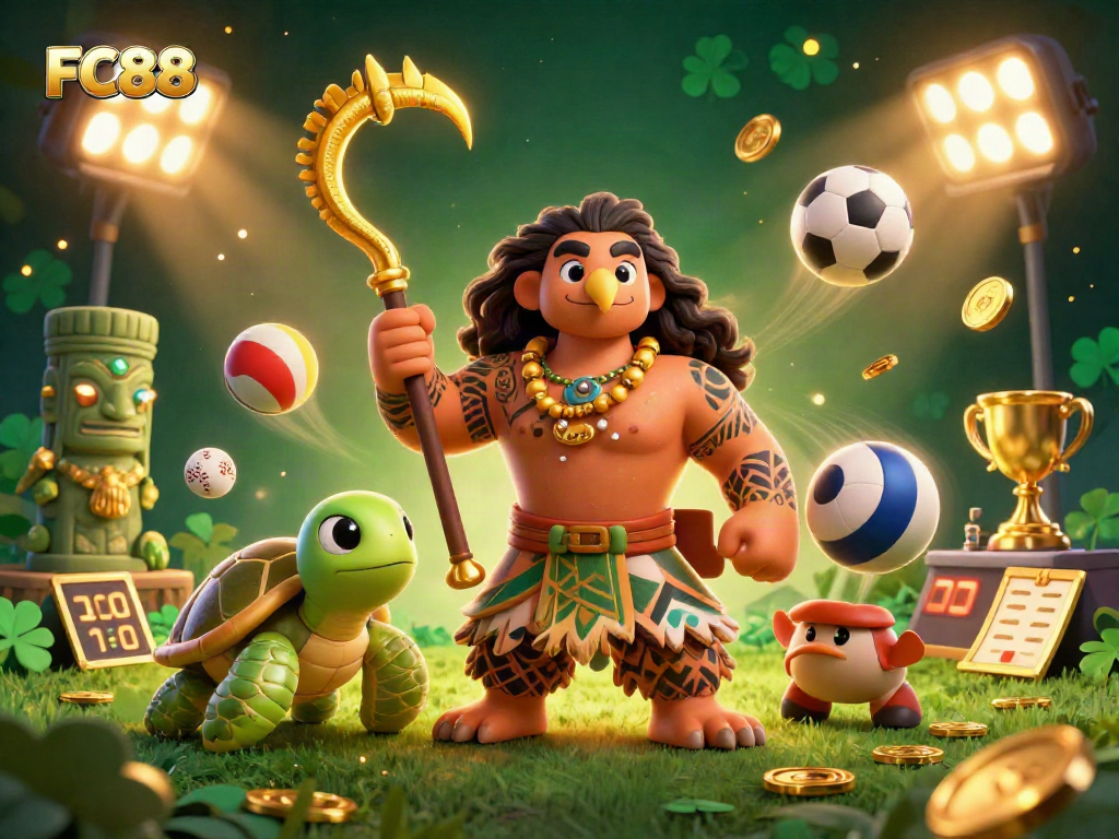 Engage with FC88's thrilling sports betting atmosphere featuring dynamic characters and casino elements.