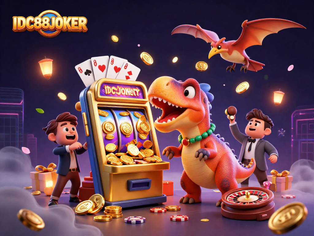 Experience jackpot thrills with the IDC88JOKER cartoon scene of exciting slot wins and colorful casino elements.