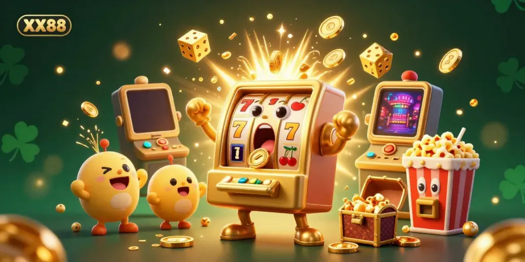 Cheerful cartoon slot machine hits jackpot spilling coins, celebrating at XX88 casino.