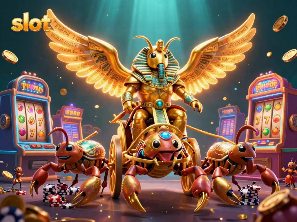 Admire a vibrant casino scene with a golden scarab and slot machines
