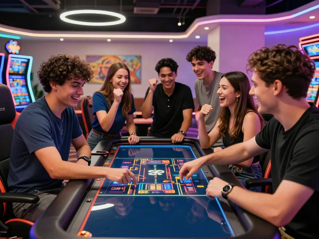 Exciting gaming scene showcasing friends enjoying interactive casino games, vibrant atmosphere with a80 technology.