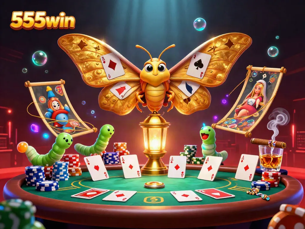 Experience an energetic casino scene with 555win, featuring a majestic moth and poker action.