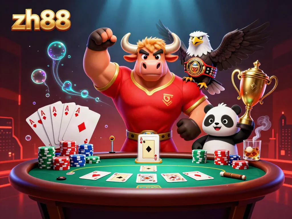zh88 celebrates victory with a bull mascot, eagle, and panda amid a lively poker scene.