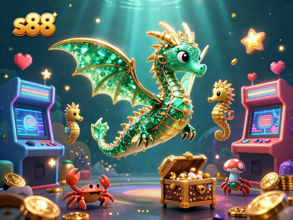 s88 engages players with vibrant casino elements featuring a sea dragon, treasure chest, and arcade games.