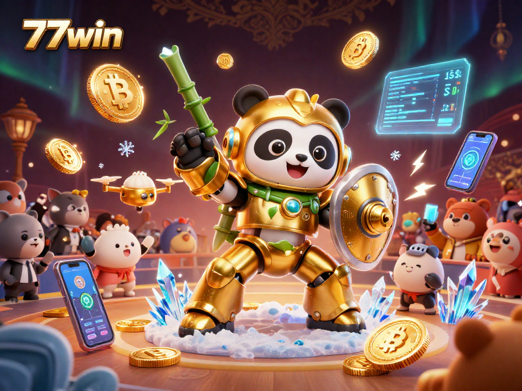 Win big with 77win in a vibrant cartoon-style casino scene featuring thrilling crypto elements.