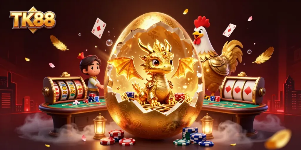 Engage in thrilling casino action with TK88's vibrant 3D illustration featuring golden gambling elements.