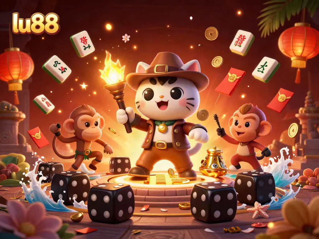 Explore exciting games at lu88 with a 3D explorer cat and golden casino artifacts.