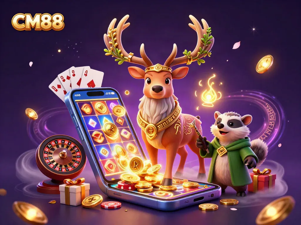 Engage in thrilling slots action with CM88 featuring a Celtic druid stag and badger amidst casino games.