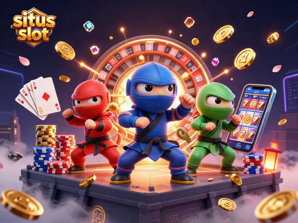 Situs slot showcases a dynamic scene with a colorful ninja chameleon team and vibrant casino elements.
