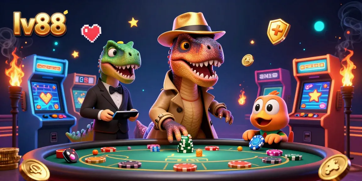 lv88 velociraptor plays blackjack as stegosaurus watches; vibrant casino scene illustration