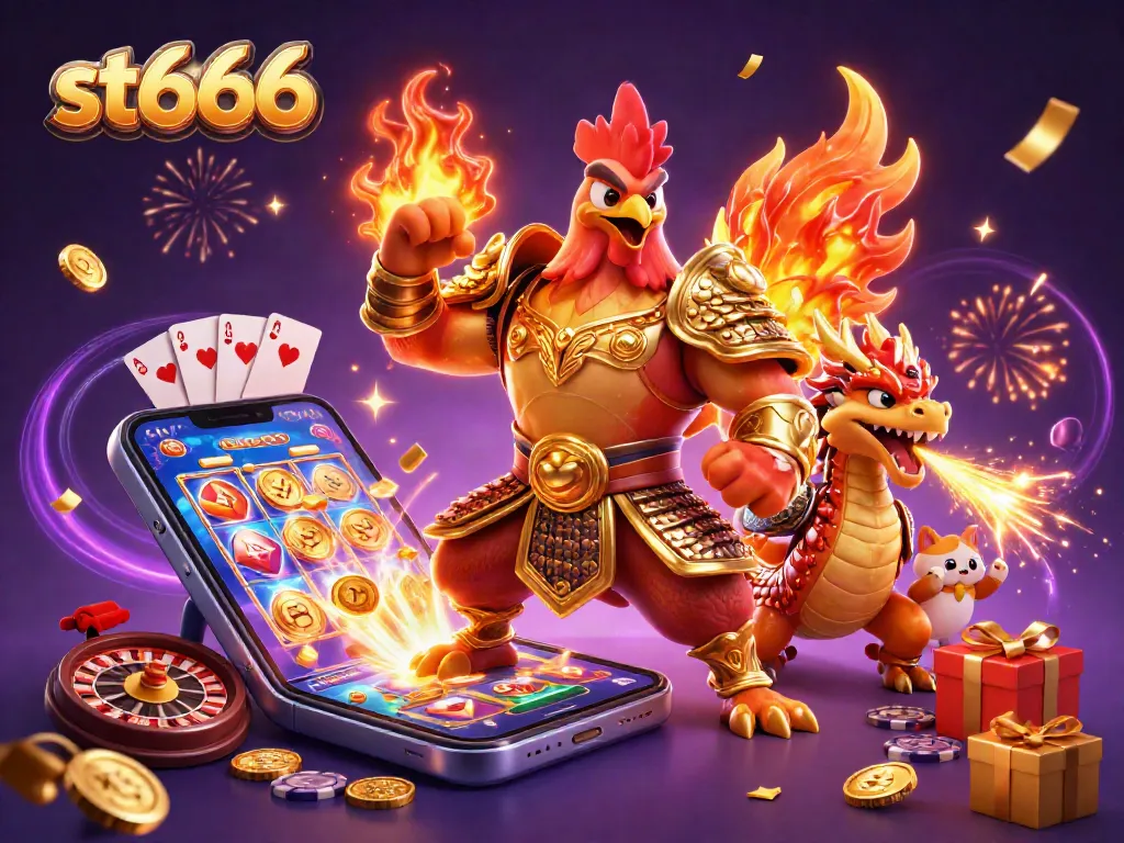 Experience thrilling gameplay at st666 with animated rooster, dragon, and vibrant slot elements.