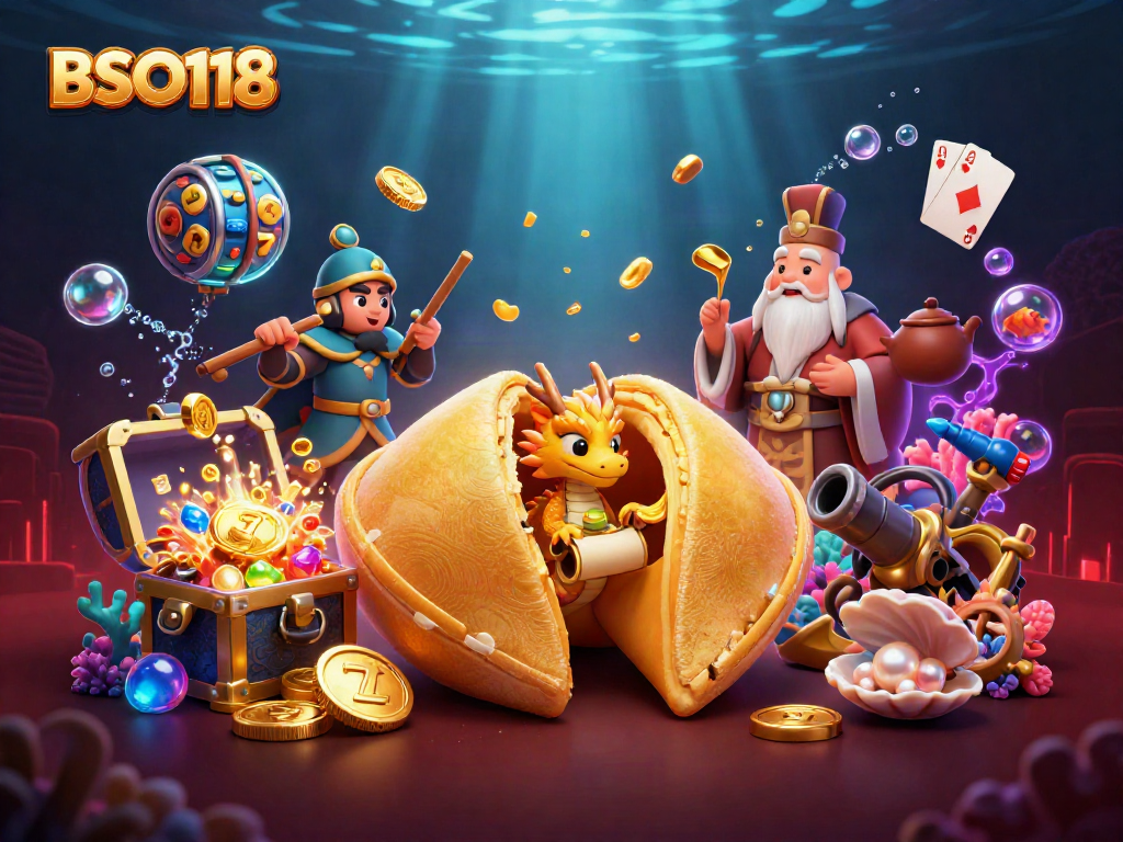 Experience engaging gameplay with BSO118 in an extravagant casino-themed scene featuring fortune cookies and treasures.