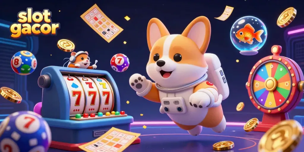 Slot gacor menang besar dalam ilustrasi kasino 3D yang penuh warna dan detail.