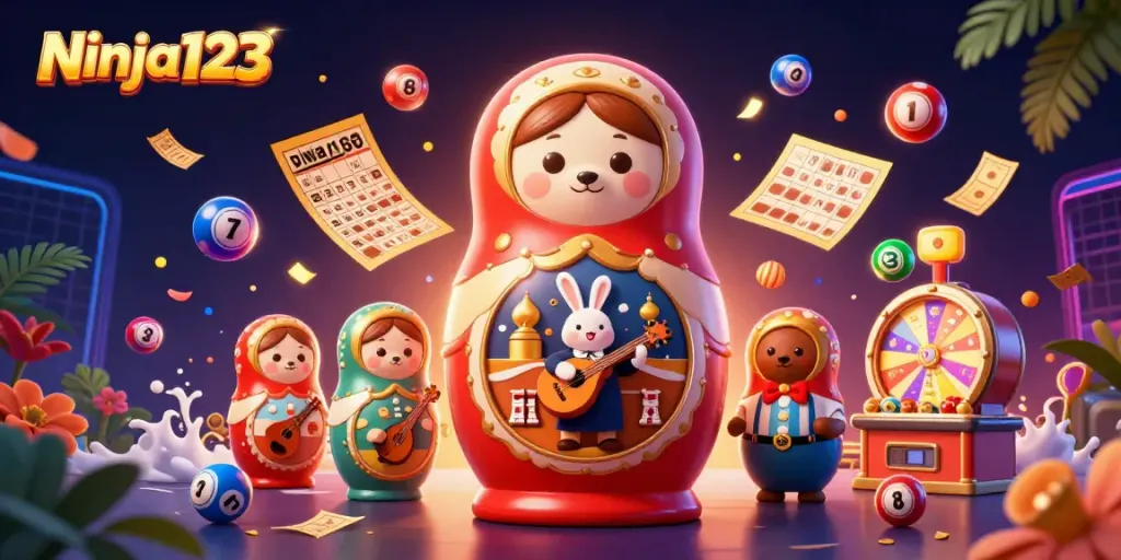 Ninja123 showcases a lively illustration of casino characters amidst vibrant lottery game elements.