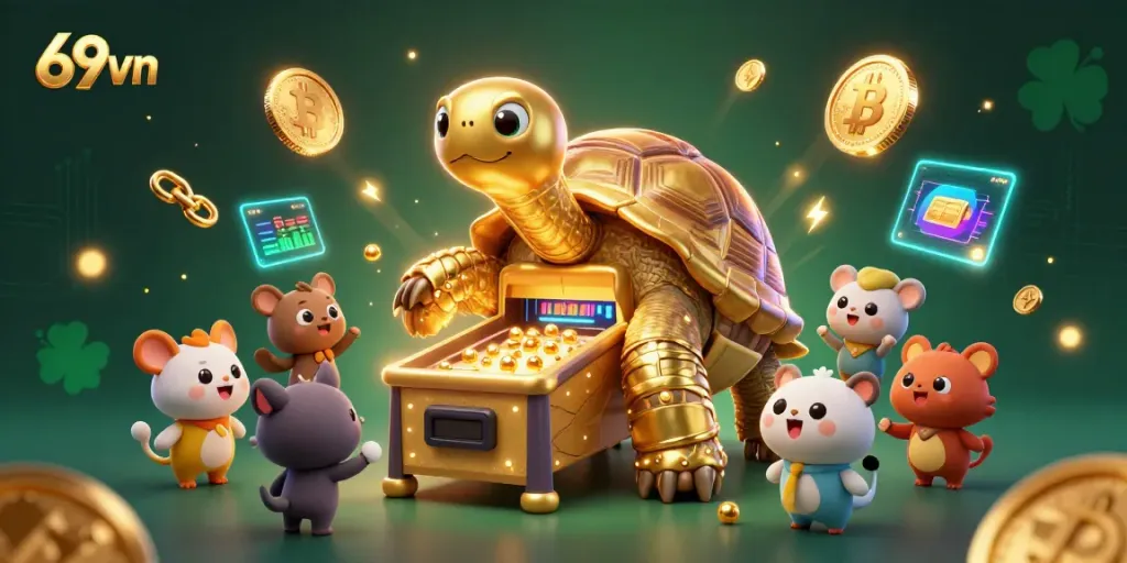Engage in winning strategies at 69vn with a vibrant and dynamic gaming scene featuring a golden tortoise-themed pinball machine.