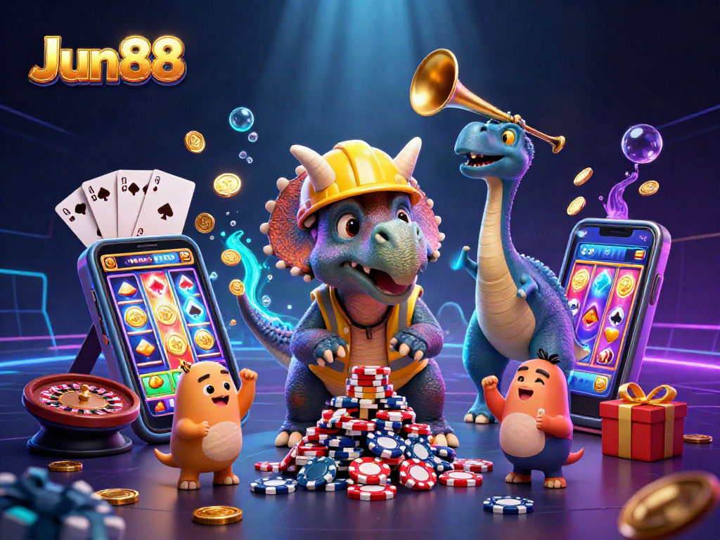 Jun88 showcases a vibrant casino scene featuring playful dinosaurs celebrating a thrilling poker game.