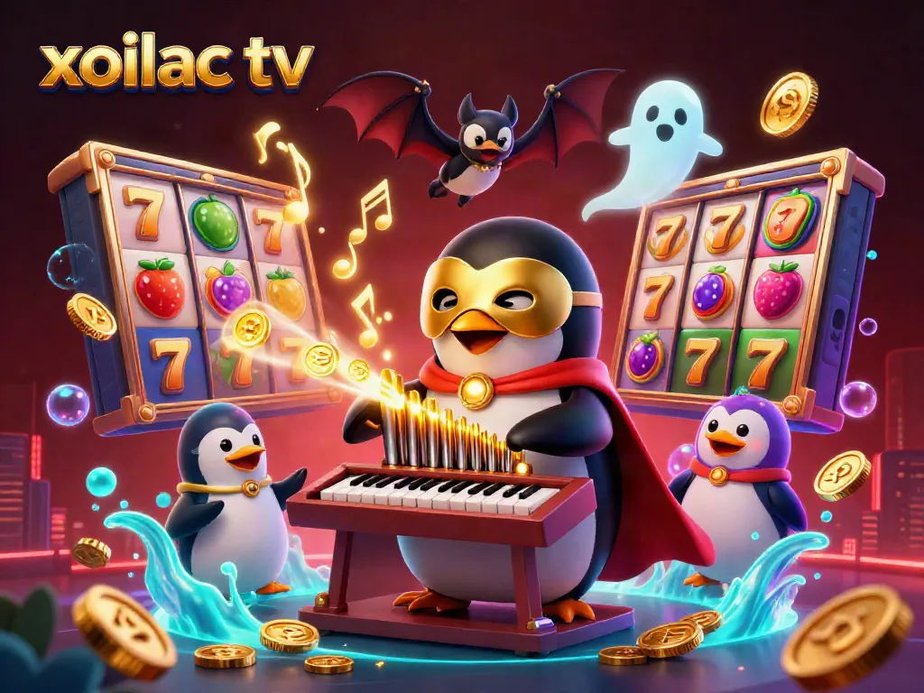 Engage with dynamic gaming action on xoilac tv featuring a penguin organ player and vibrant casino elements.
