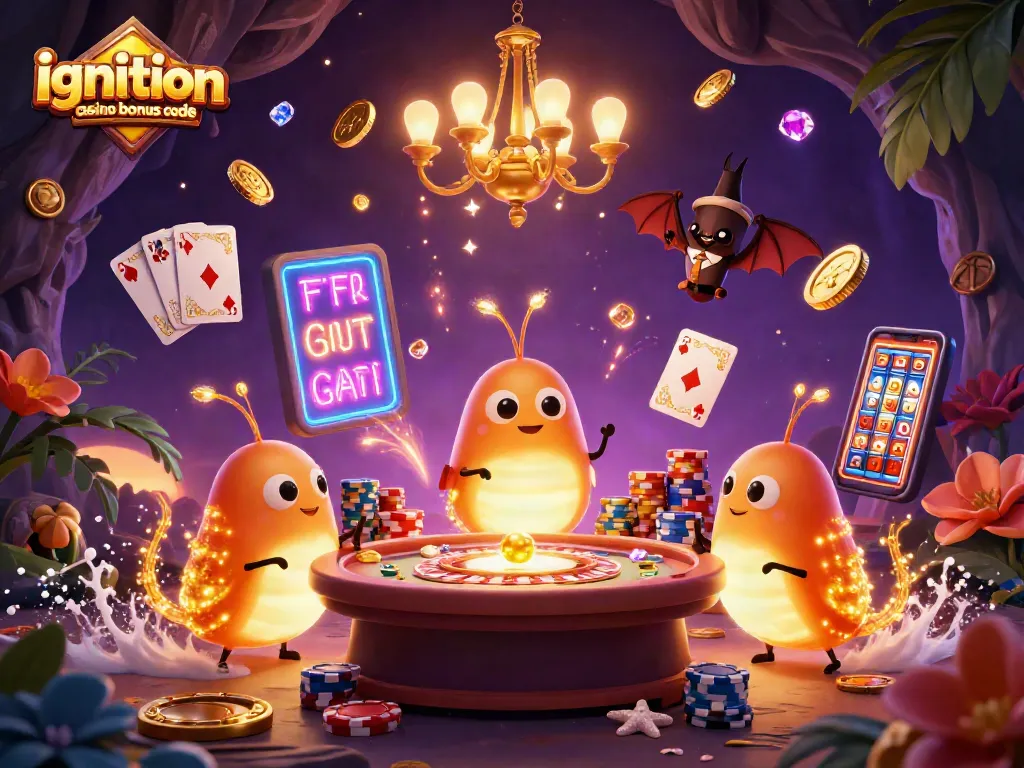 Play with ignition casino bonus code in a vibrant 3D casino scene featuring glowworms and dazzling game elements.