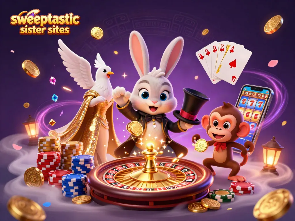 Sweeptastic sister sites showcase a vibrant casino scene with a magician rabbit, glamorous dove, and mischievous monkey.
