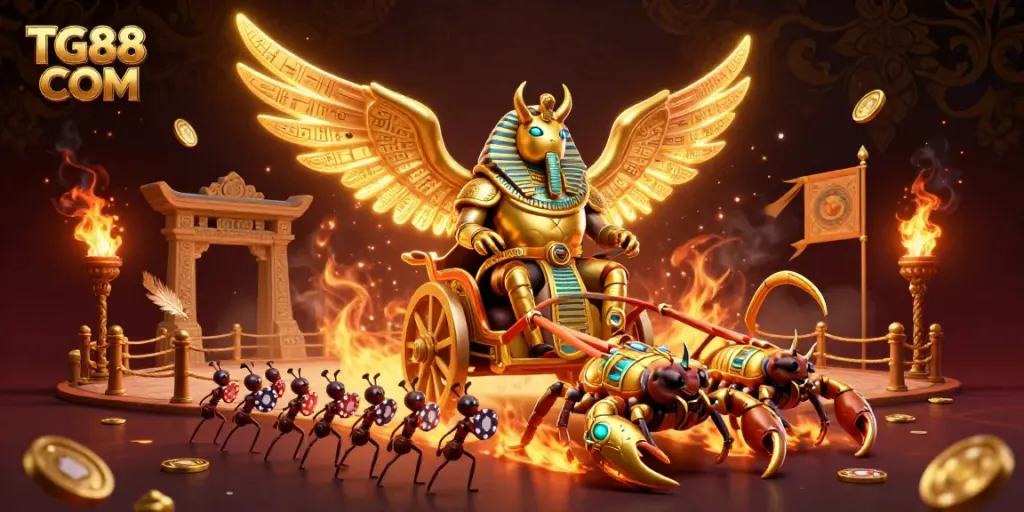 Engage with thrilling action featuring TG88 COM, a colossal scarab in armor rides a chariot amidst a vibrant casino scene.