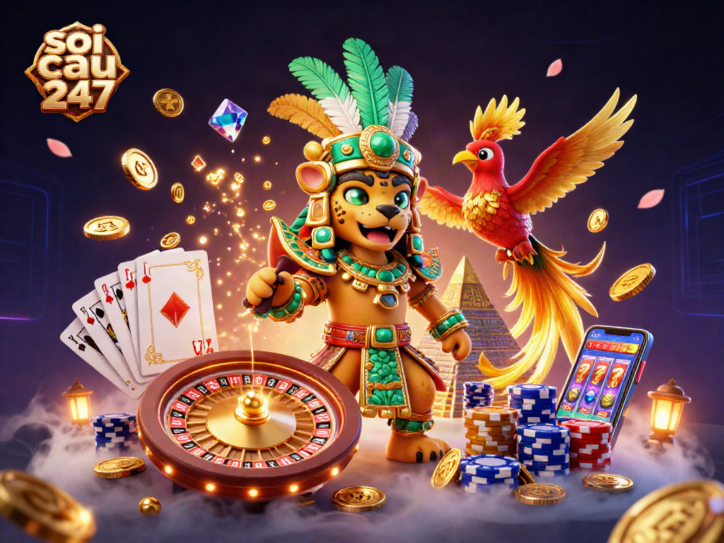 Soi cau 247 showcases vibrant casino elements in an engaging illustration featuring a Mayan theme.